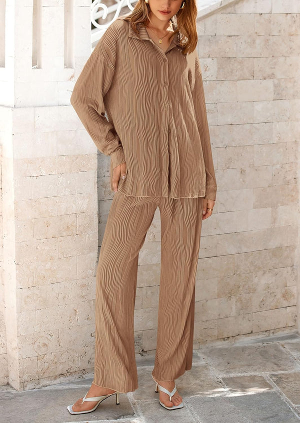 Women's 2 Piece Textured Sets Casual Button Down Shirt Wide Leg Pants Outfit Loungewear Tracksuit