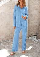 Women's 2 Piece Textured Sets Casual Button Down Shirt Wide Leg Pants Outfit Loungewear Tracksuit
