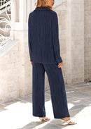 Women's 2 Piece Textured Sets Casual Button Down Shirt Wide Leg Pants Outfit Loungewear Tracksuit