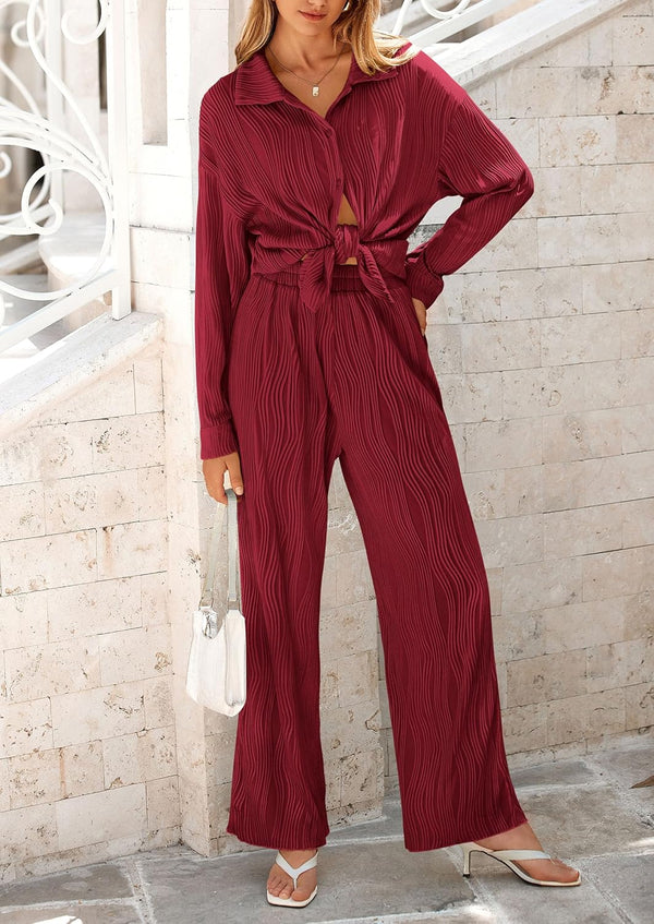 Women's 2 Piece Textured Sets Casual Button Down Shirt Wide Leg Pants Outfit Loungewear Tracksuit