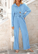 Women's 2 Piece Textured Sets Casual Button Down Shirt Wide Leg Pants Outfit Loungewear Tracksuit