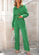 Women's 2 Piece Textured Sets Casual Button Down Shirt Wide Leg Pants Outfit Loungewear Tracksuit