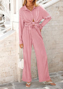 Women's 2 Piece Textured Sets Casual Button Down Shirt Wide Leg Pants Outfit Loungewear Tracksuit