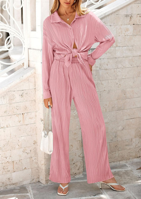 Women's 2 Piece Textured Sets Casual Button Down Shirt Wide Leg Pants Outfit Loungewear Tracksuit