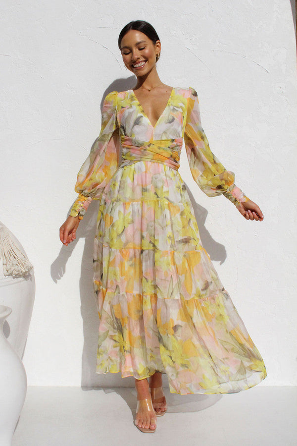 Painted Inspiration Blumen-Maxikleid mit Ballonärmeln