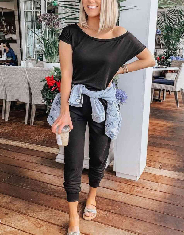 ANRABESS Casual Off Shoulder Elastic Waist Stretchy Long Romper Jumpsuit