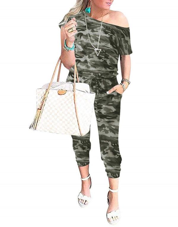 ANRABESS Casual Off Shoulder Elastic Waist Stretchy Long Romper Jumpsuit