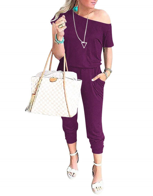 ANRABESS Casual Off Shoulder Elastic Waist Stretchy Long Romper Jumpsuit