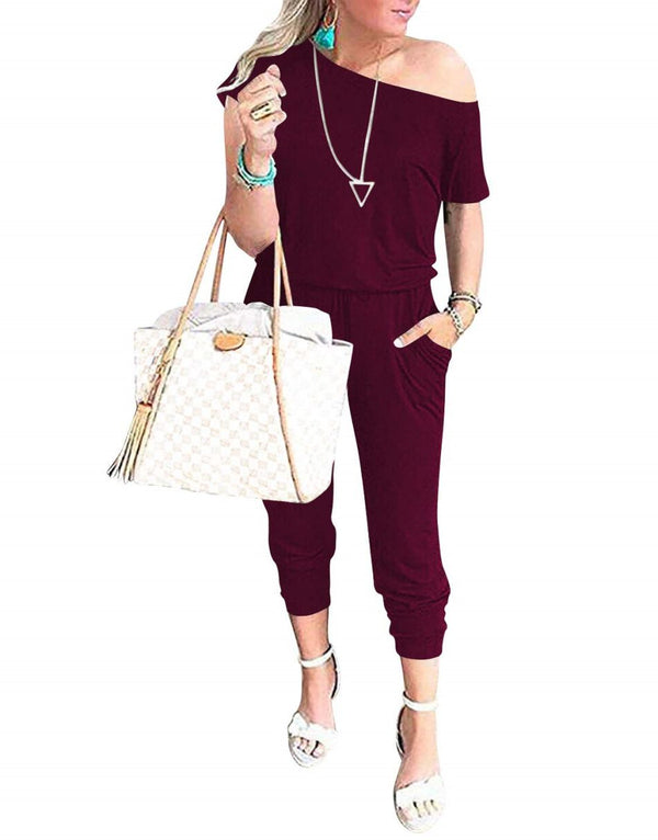 ANRABESS Casual Off Shoulder Elastic Waist Stretchy Long Romper Jumpsuit