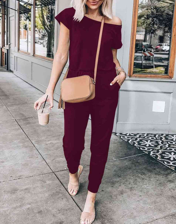 ANRABESS Casual Off Shoulder Elastic Waist Stretchy Long Romper Jumpsuit
