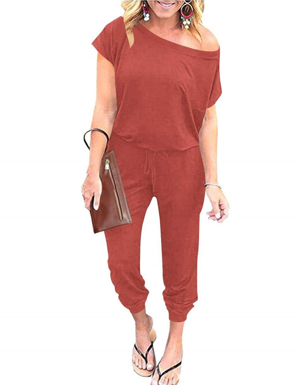 ANRABESS Casual Off Shoulder Elastic Waist Stretchy Long Romper Jumpsuit