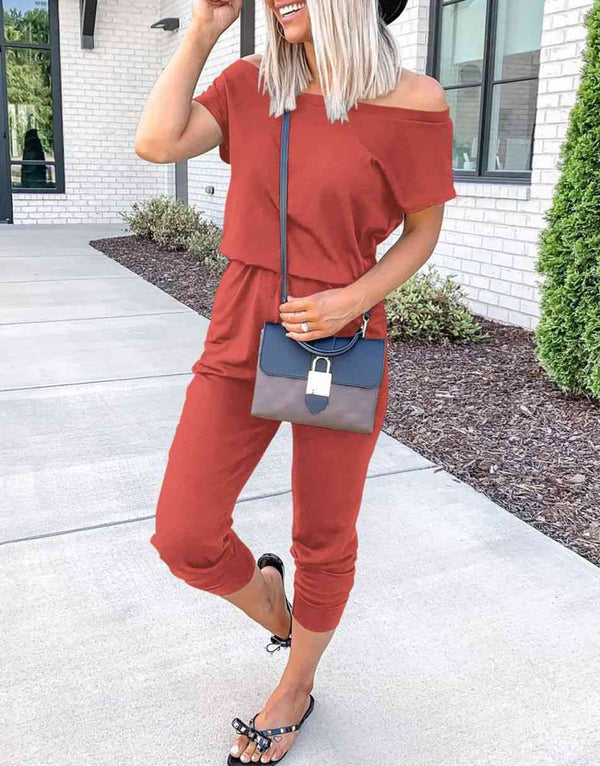 ANRABESS Casual Off Shoulder Elastic Waist Stretchy Long Romper Jumpsuit