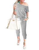 ANRABESS Casual Off Shoulder Elastic Waist Stretchy Long Romper Jumpsuit