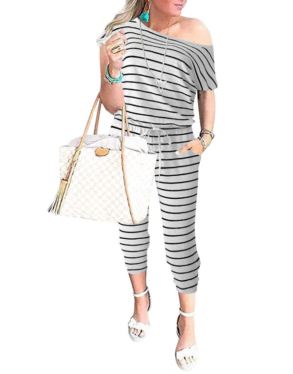 ANRABESS Casual Off Shoulder Elastic Waist Stretchy Long Romper Jumpsuit