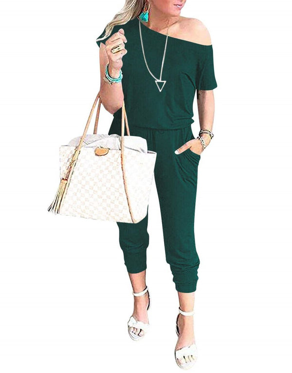 ANRABESS Casual Off Shoulder Elastic Waist Stretchy Long Romper Jumpsuit