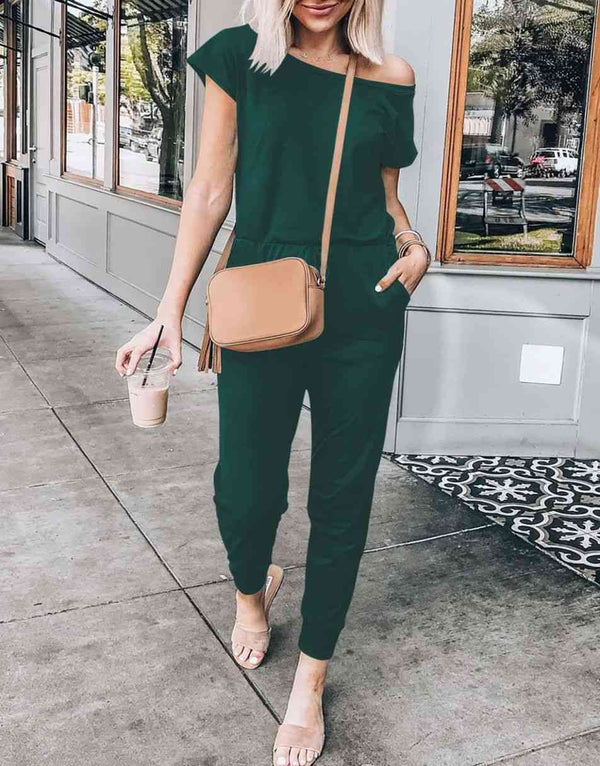 ANRABESS Casual Off Shoulder Elastic Waist Stretchy Long Romper Jumpsuit