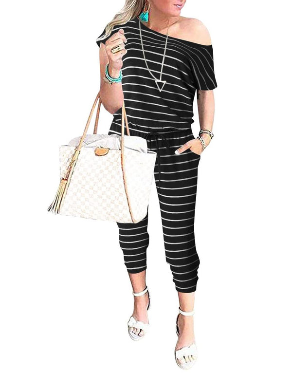 ANRABESS Casual Off Shoulder Elastic Waist Stretchy Long Romper Jumpsuit