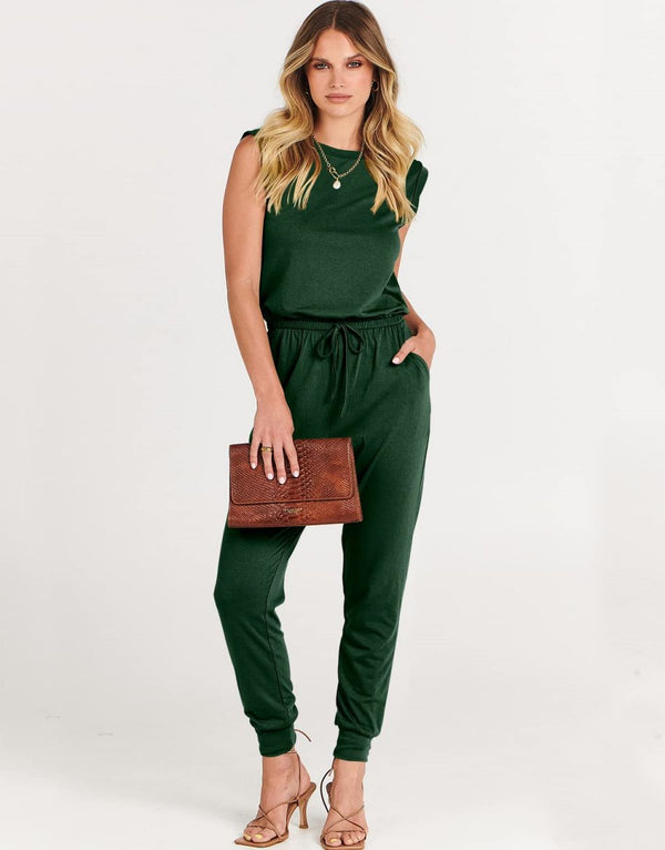 ANRABESS Crewneck Sleeveless Stretchy Jumpsuits Rompers with Pockets