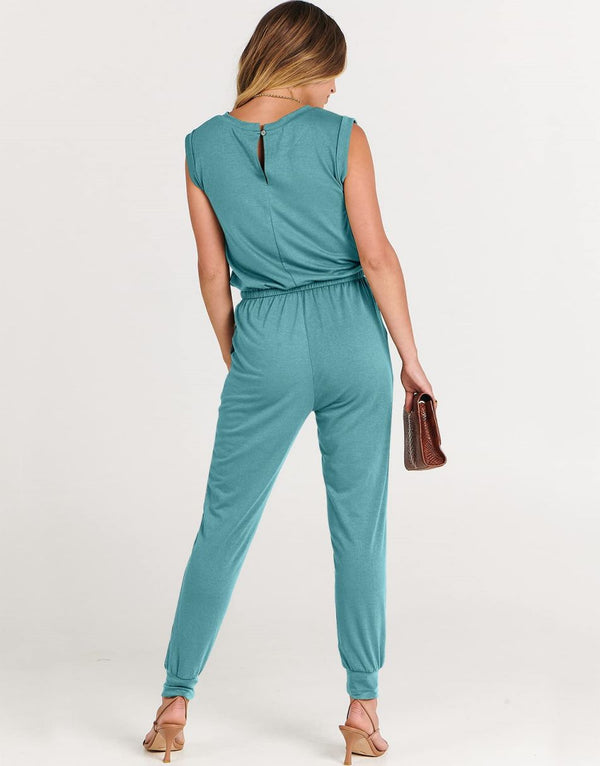 ANRABESS Crewneck Sleeveless Stretchy Jumpsuits Rompers with Pockets