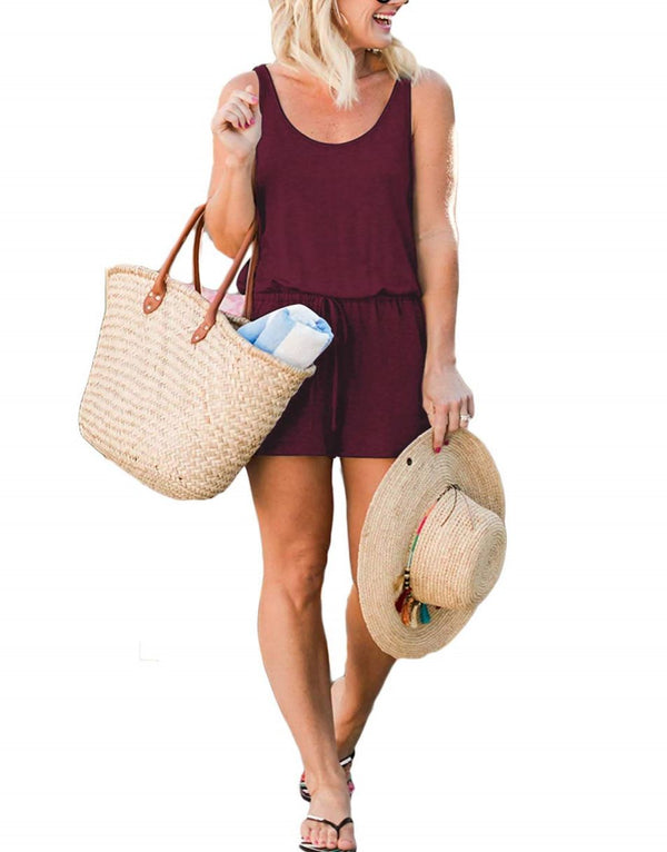 ANRABESS Scoop Neck Sleeveless Tank Top Short Jumpsuit Rompers with Pockets