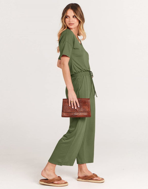 ANRABESS Short Sleeve V Neck Elastic Waist Wide Leg Cropped Pant Jumpsuits Rompers