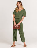 ANRABESS Short Sleeve V Neck Elastic Waist Wide Leg Cropped Pant Jumpsuits Rompers