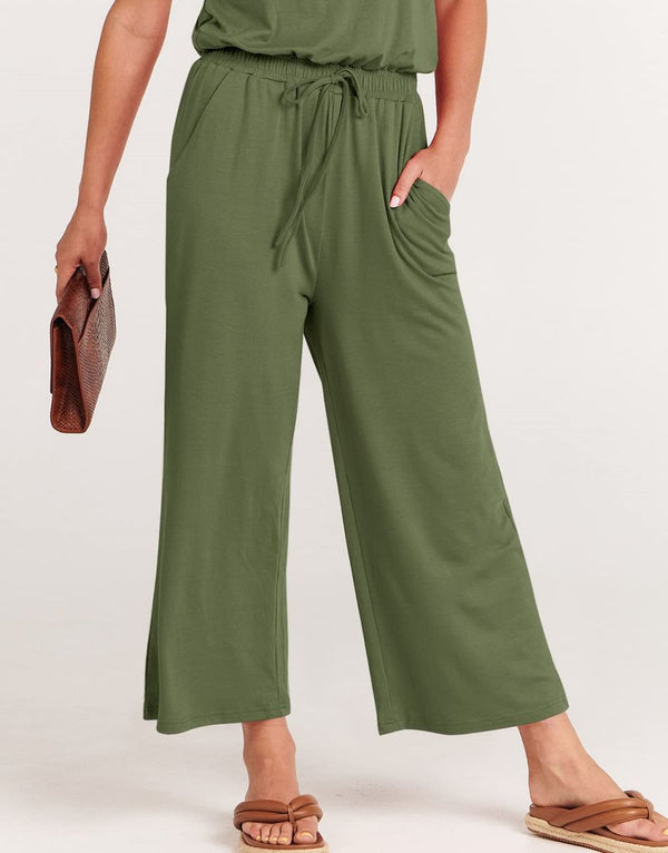 ANRABESS Short Sleeve V Neck Elastic Waist Wide Leg Cropped Pant Jumpsuits Rompers