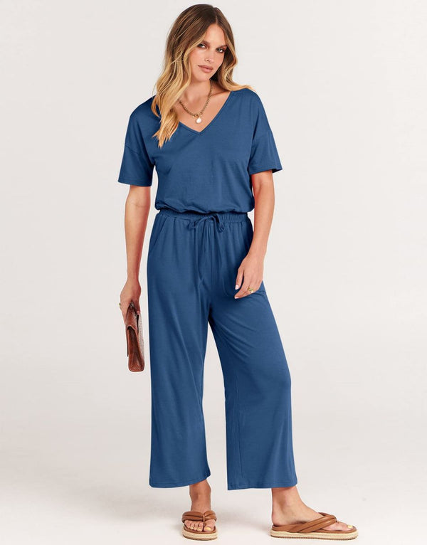 ANRABESS Short Sleeve V Neck Elastic Waist Wide Leg Cropped Pant Jumpsuits Rompers