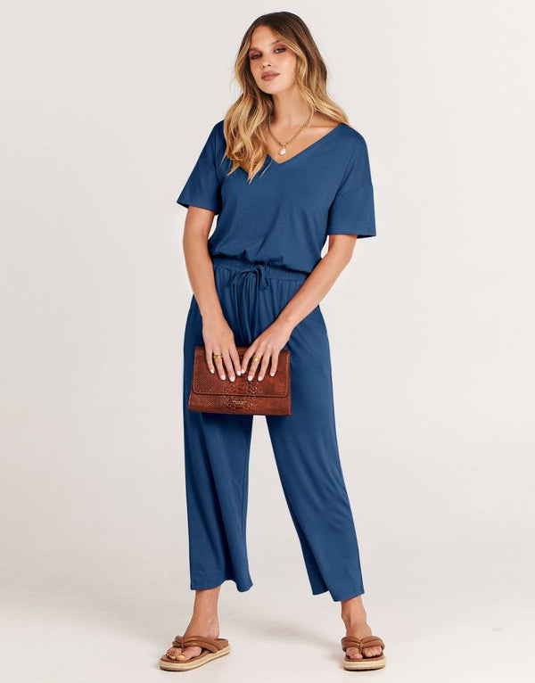 ANRABESS Short Sleeve V Neck Elastic Waist Wide Leg Cropped Pant Jumpsuits Rompers