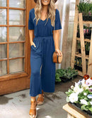 ANRABESS Short Sleeve V Neck Elastic Waist Wide Leg Cropped Pant Jumpsuits Rompers
