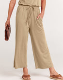 ANRABESS Short Sleeve V Neck Elastic Waist Wide Leg Cropped Pant Jumpsuits Rompers
