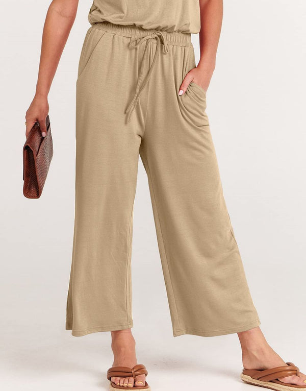 ANRABESS Short Sleeve V Neck Elastic Waist Wide Leg Cropped Pant Jumpsuits Rompers