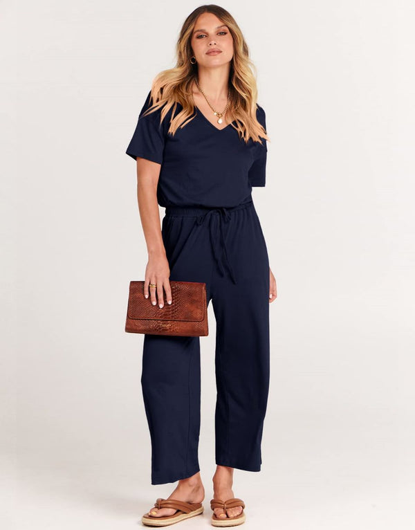 ANRABESS Short Sleeve V Neck Elastic Waist Wide Leg Cropped Pant Jumpsuits Rompers