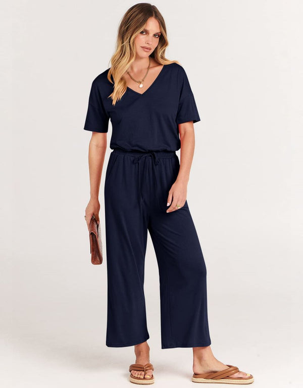 ANRABESS Short Sleeve V Neck Elastic Waist Wide Leg Cropped Pant Jumpsuits Rompers