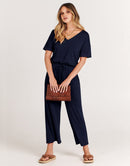 ANRABESS Short Sleeve V Neck Elastic Waist Wide Leg Cropped Pant Jumpsuits Rompers