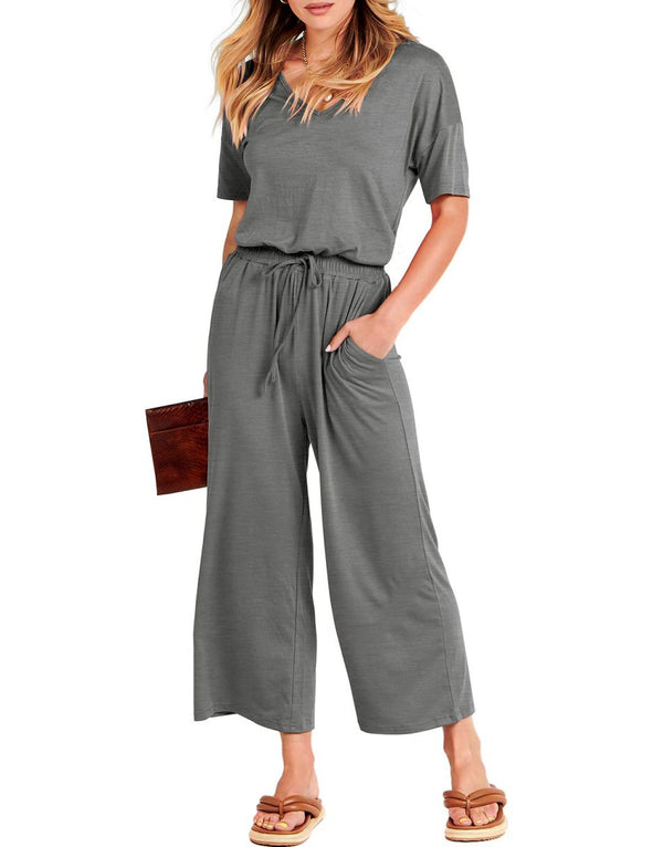 ANRABESS Short Sleeve V Neck Elastic Waist Wide Leg Cropped Pant Jumpsuits Rompers