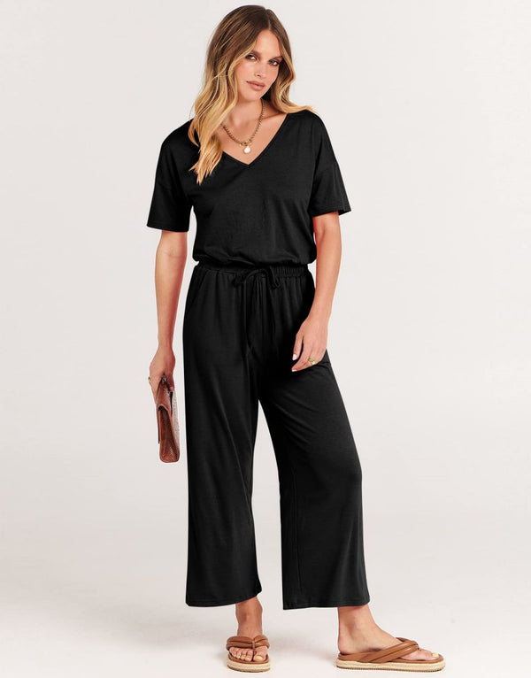 ANRABESS Short Sleeve V Neck Elastic Waist Wide Leg Cropped Pant Jumpsuits Rompers