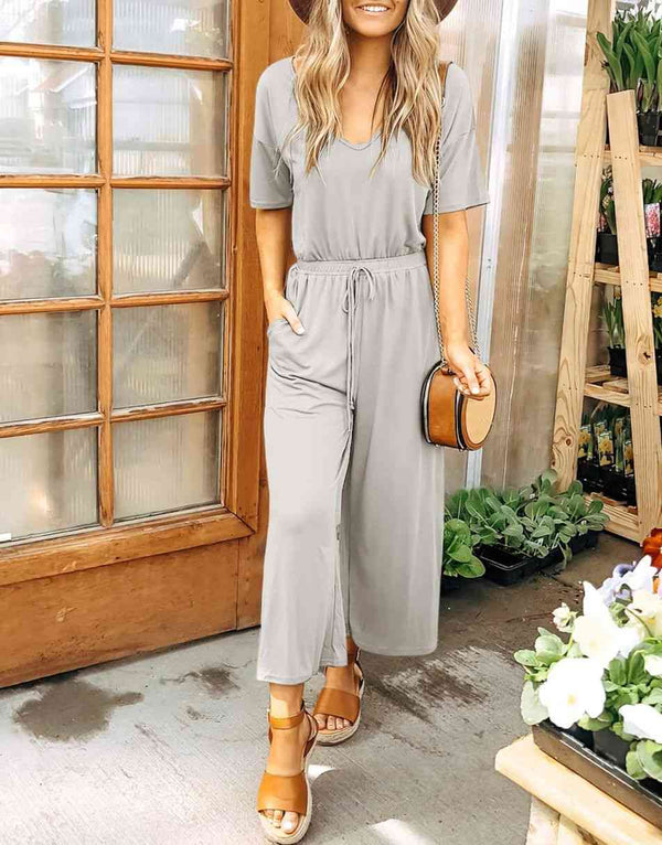 ANRABESS Short Sleeve V Neck Elastic Waist Wide Leg Cropped Pant Jumpsuits Rompers