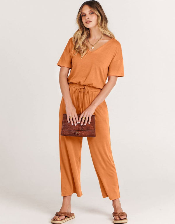 ANRABESS Short Sleeve V Neck Elastic Waist Wide Leg Cropped Pant Jumpsuits Rompers