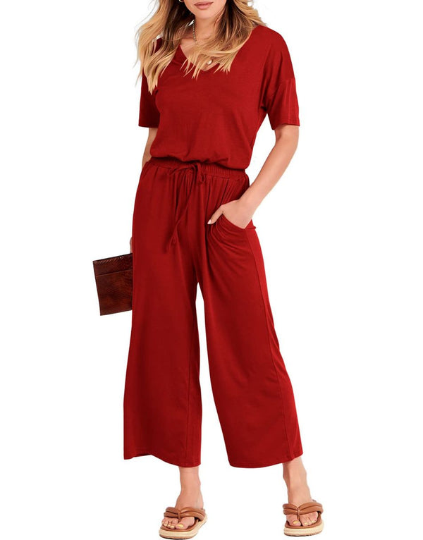 ANRABESS Short Sleeve V Neck Elastic Waist Wide Leg Cropped Pant Jumpsuits Rompers