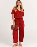 ANRABESS Short Sleeve V Neck Elastic Waist Wide Leg Cropped Pant Jumpsuits Rompers