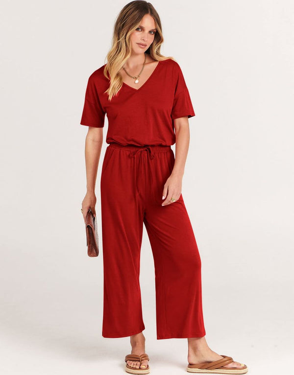 ANRABESS Short Sleeve V Neck Elastic Waist Wide Leg Cropped Pant Jumpsuits Rompers
