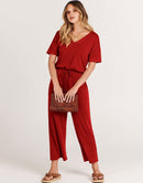 ANRABESS Short Sleeve V Neck Elastic Waist Wide Leg Cropped Pant Jumpsuits Rompers