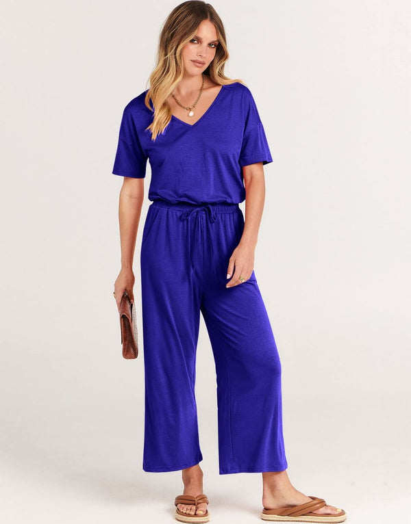 ANRABESS Short Sleeve V Neck Elastic Waist Wide Leg Cropped Pant Jumpsuits Rompers
