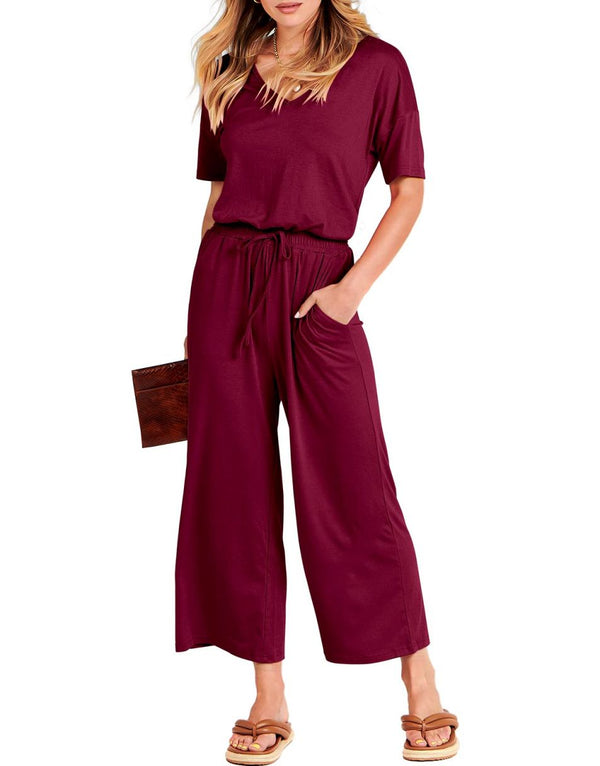 ANRABESS Short Sleeve V Neck Elastic Waist Wide Leg Cropped Pant Jumpsuits Rompers