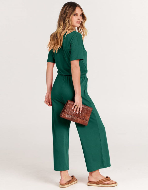 ANRABESS Short Sleeve V Neck Elastic Waist Wide Leg Cropped Pant Jumpsuits Rompers