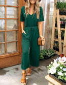 ANRABESS Short Sleeve V Neck Elastic Waist Wide Leg Cropped Pant Jumpsuits Rompers