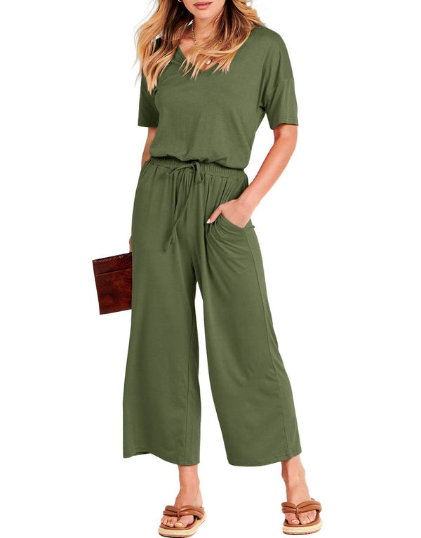ANRABESS Short Sleeve V Neck Elastic Waist Wide Leg Cropped Pant Jumpsuits Rompers