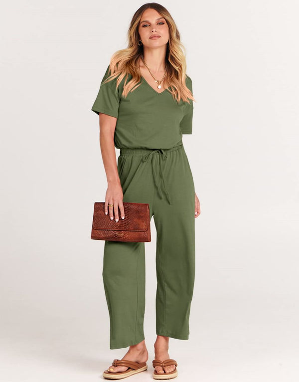 ANRABESS Short Sleeve V Neck Elastic Waist Wide Leg Cropped Pant Jumpsuits Rompers