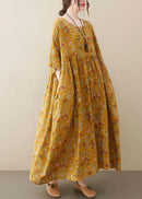 Natural  light Yellow O-Neck Pockets Print Summer Sundress